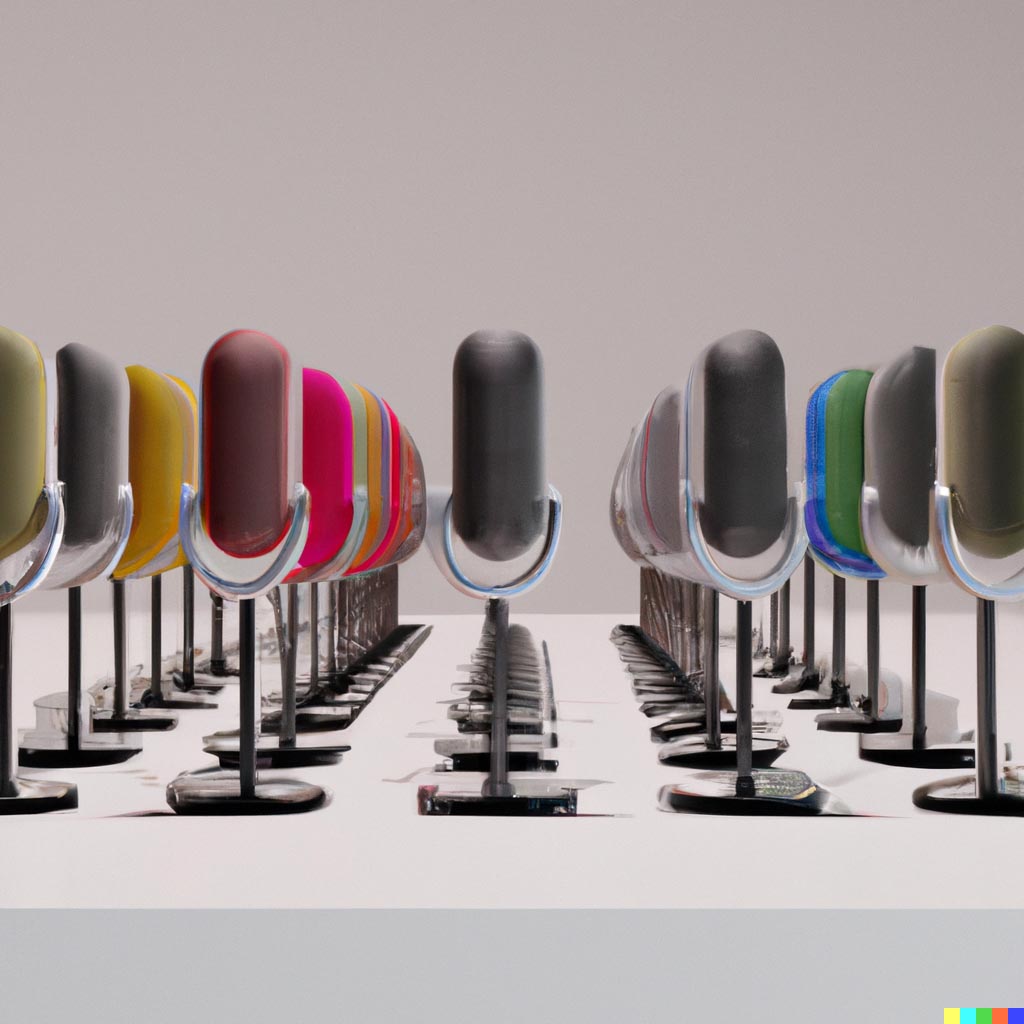 DALL·E prompt: Many podcast microphones lined up in a long row, in a white room, octane 3d, blender, colorful lighting
